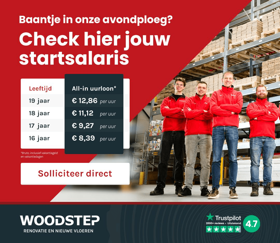 Startsalaris in de avondploeg, all-in uurloon bruto inclusief vakantiegeld en vakantiedagen: 19 jaar € 12,86 per uur, 18 jaar € 11,12, 17 jaar € 9,27 en 16 jaar € 8,39.